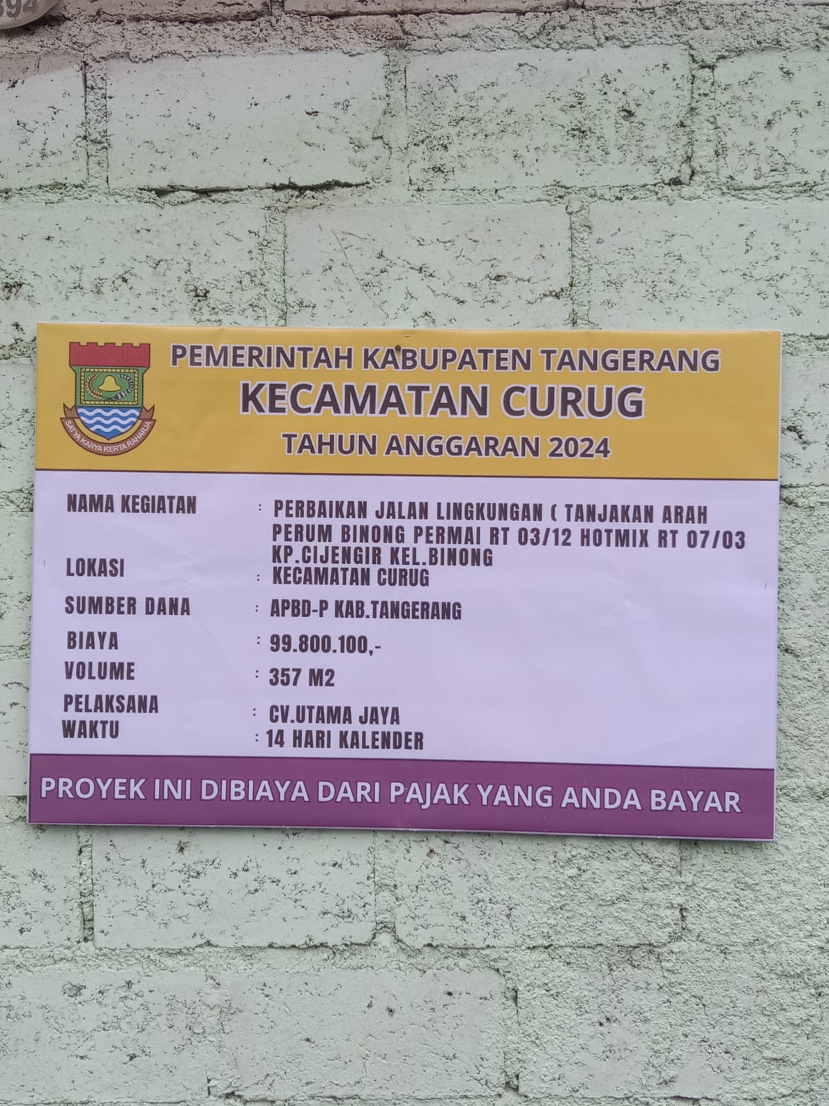 Proyek Hotmix di Kel. Binong Kec. Curug diduga korupsi.
