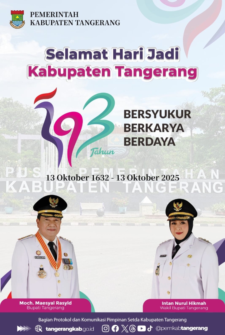 BUPATI DAN WAKIL BUPATI KABUPATEN TANGERANG Mengucapkan SELAMAT HARI JADI KE 393,  BERSYUKUR BERKARYA BERDAYA SEMOGA Makin GemilanG